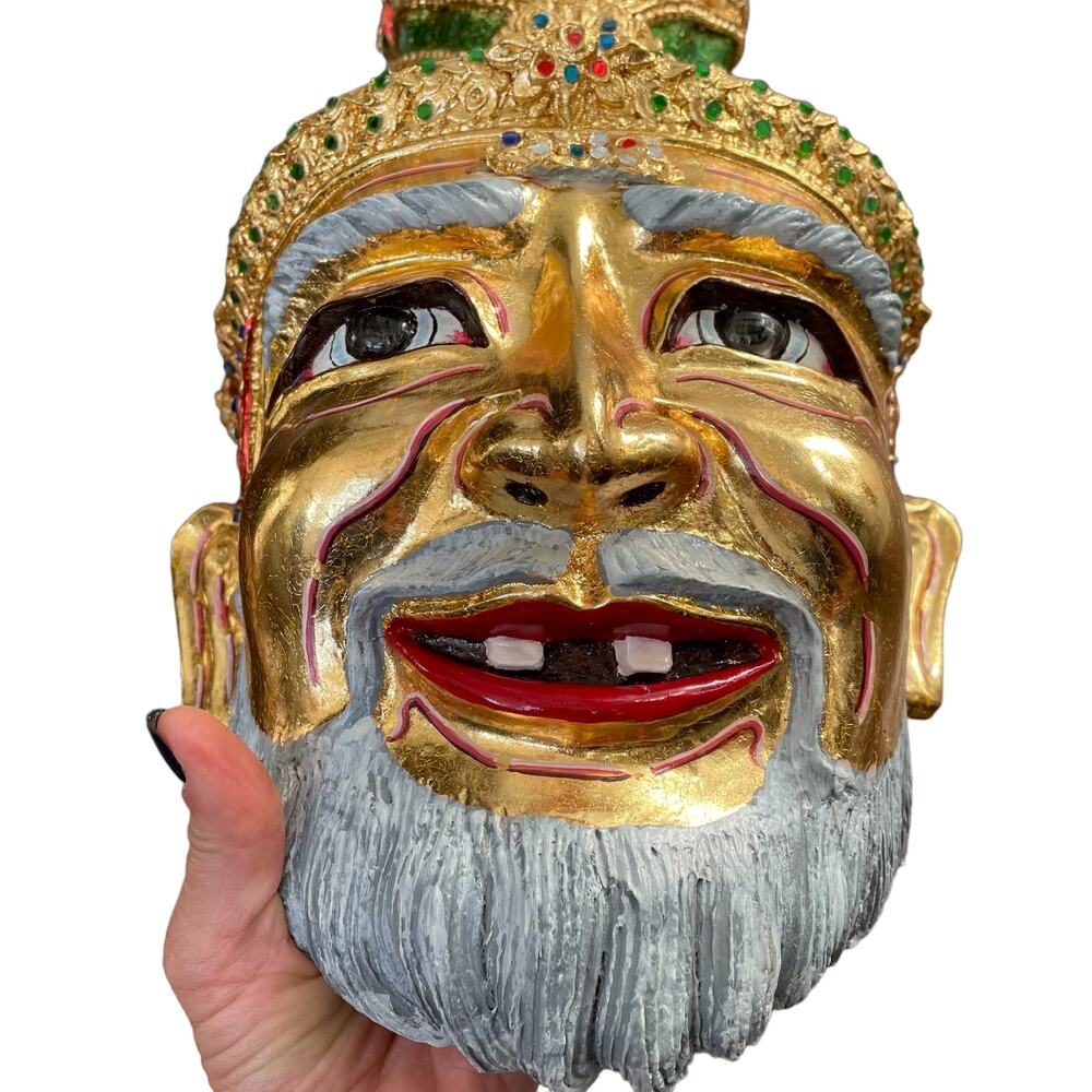 Thai Khon Ceremonial Mask Gilded Paper Mache Lersi Asian Art Vintage Big FLAWED